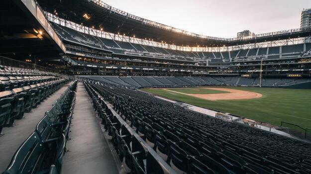 Baseball Stadium View with Empty Seats and Green Field during Daytime for Sports Photography photo