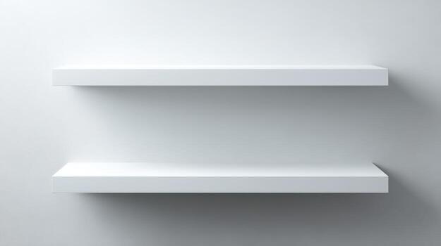 Two Empty White Floating Shelves on a White Wall for Product Display and Mockups photo