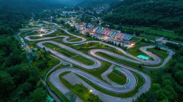 Aerial View of a Go-Kart Racing Track in the Mountains Surrounded by Trees at Dusk photo