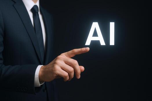 Artificial Intelligence Concept Business Man Touching Glowing AI Letters on Dark Background Innovation and Technology photo