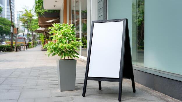 Blank Sandwich Board Sign on Sidewalk Outside Storefront for Custom Message, Advertisement, or Promotion photo