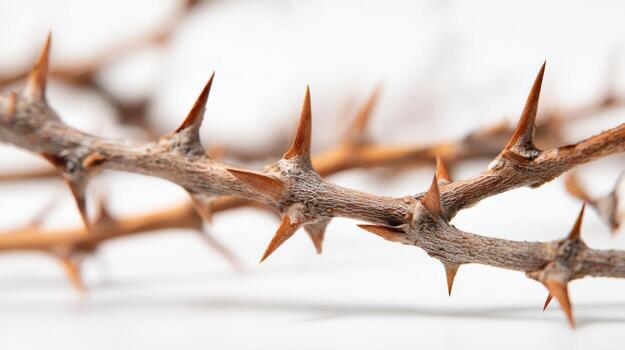 Sharp Thorns on a Branch Close-Up Studio Shot on White Background Exhibiting Detail and Texture photo