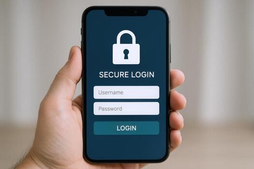 seguro iniciar sesión interfaz en teléfono inteligente monitor retenida por mano, promoviendo datos proteccion y ciber seguridad foto