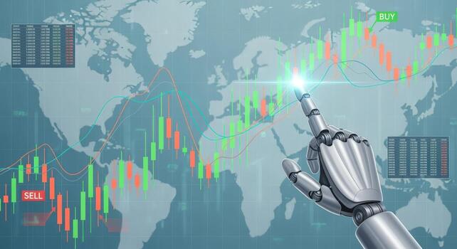 Robotic Arm Interacting with Global Stock Market Charts for Automated Trading Systems and Financial Analysis photo