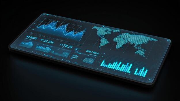 Futuristic Tablet Displaying Business Analytics Global Market Data and Financial Statistics on a Digital Interface photo