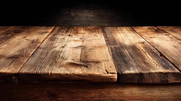 Rustic Wooden Table Surface with Dark Backdrop, Ideal for Product Display and Food Photography photo