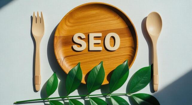 seo mejoramiento concepto de madera plato con texto, utensilios, y verdor en blanco antecedentes foto