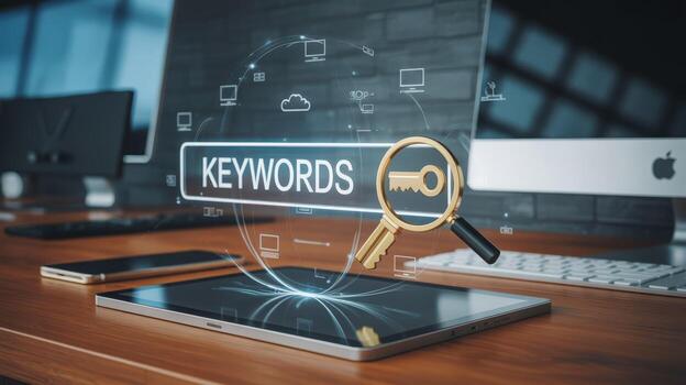 Keywords Search Concept Tablet displaying a search bar with Keywords term and a golden key photo