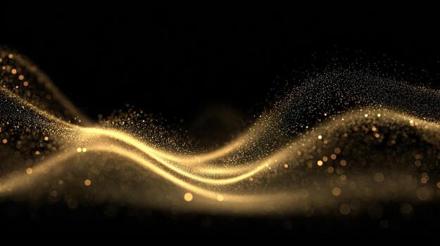Elegant Golden Particle Wave on Black Background - Abstract Design with Glitter and Light photo
