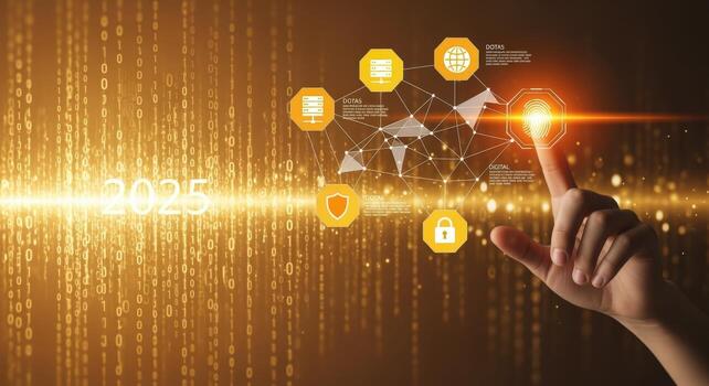 Abstract 2025 Technology Background with Hand Touching Holographic Interface, Future Innovation and Digital Transformation photo