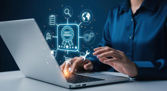 Woman uses laptop with a quality assurance virtual screen display, ensuring compliance and standards photo