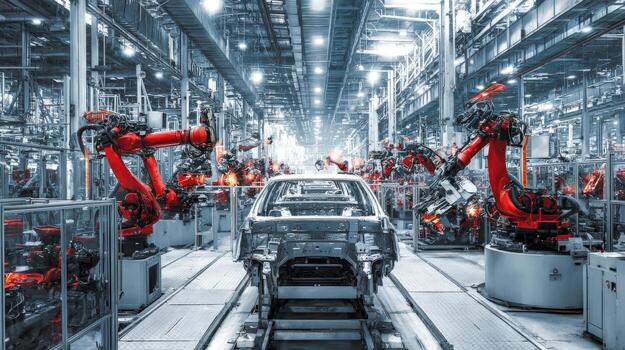 Automated Car Assembly Line Modern Vehicle Manufacturing with Robotic Arms in a High-Tech Factory photo