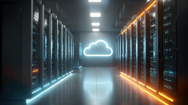 Data Center with Cloud Computing Symbol Server Racks and IT Infrastructure Visualization photo