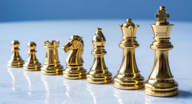 Golden Chess Pieces Representing Strategy and Foresight, Leading to 2025, Symbolizing Business Planning and Future Success photo
