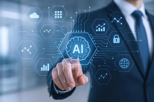 Artificial Intelligence Concept Businessman Interacting with a Digital AI Brain Interface Representing Modern Technology photo