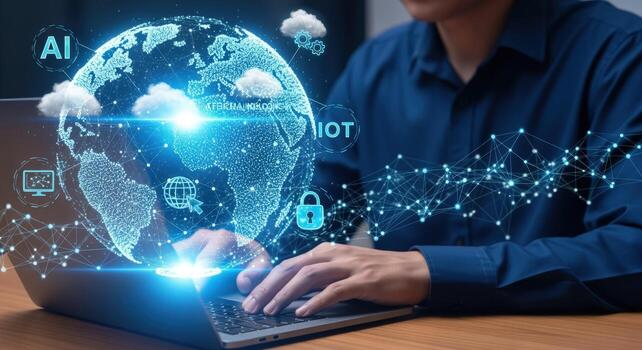 Global Connectivity and Technology Businessman working on laptop displaying AI, IoT and cloud computing photo