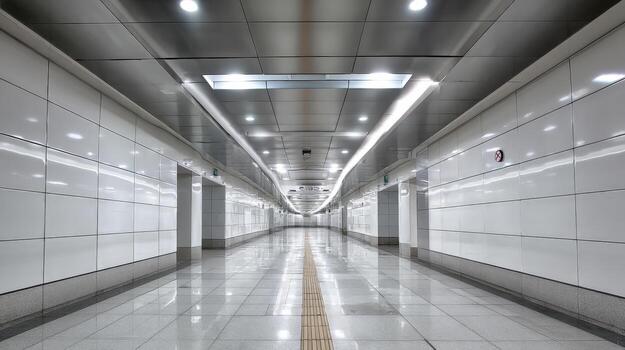 Subway Tunnel Perspective Modern Architecture, Metallic Surfaces, and Illuminated Passage for Commuters in Urban Transit photo