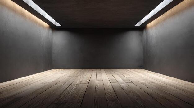 Abstract Empty Dark Room Interior with Wooden Floor and Overhead Lighting for Product Placement photo