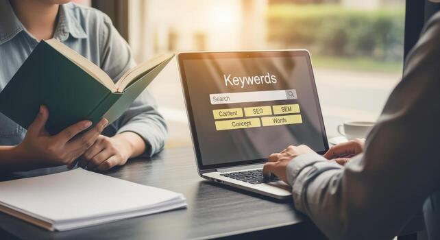 Business Professionals Collaborating on Keyword Research Strategy using Laptop in Modern Office Setting with Natural Light photo