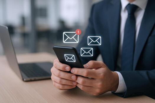 Businessman Checking Email on Smartphone with Laptop, Illustrating Digital Communication and Inbox Management photo