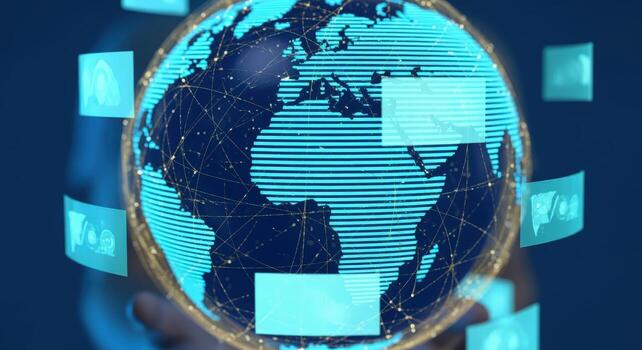 Global Communication Network Digital World Connection, Worldwide Technology, Internet Connectivity and Social Media Interaction photo