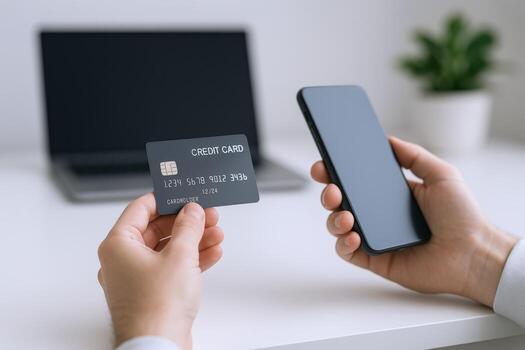 Online Shopping Experience Person Holding Credit Card and Smartphone for Secure Transaction on Desk photo