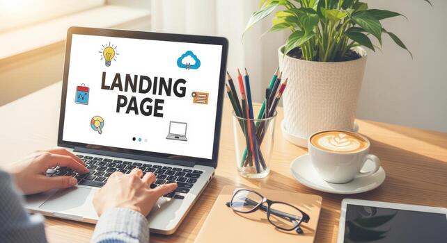 Landing Page Optimization on Laptop with Coffee and Workspace Accessories for Business Marketing photo