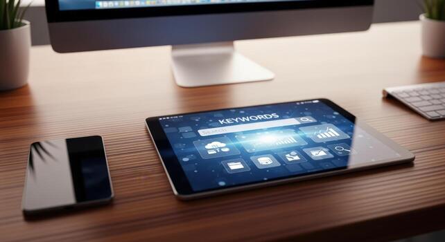 Modern Workspace with Tablet Displaying Keywords Search, Computer, Smartphone on a Wooden Desk photo