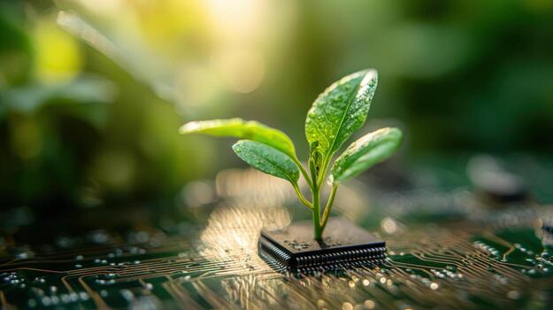 Green Technology Sprout Seedling Growing on Circuit Board Illustrating Sustainable Innovation and Environmental Responsibility photo