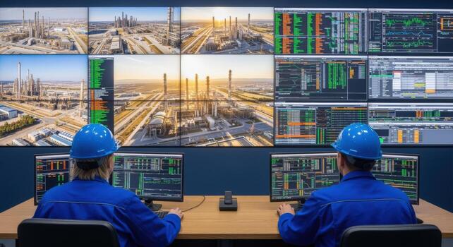Control Room Operators Monitoring Industrial Plant Processes on Multiple Screens for Optimal Performance photo