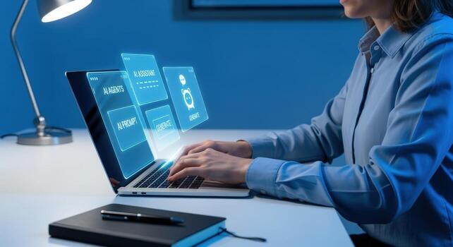 Businesswoman Working on Laptop with Augmented Reality Interface for Data Analysis and Digital Transformation photo