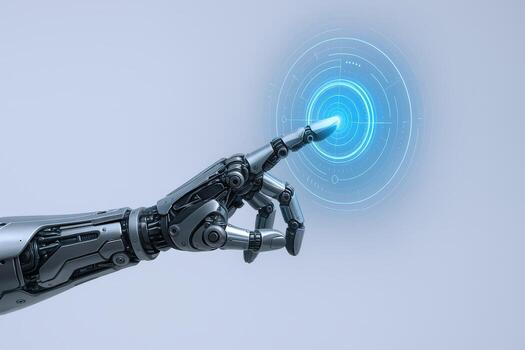 Robotic Arm Interface Futuristic Technology Touching a Glowing Touchscreen with Blue Light, Artificial Intelligence and Automation Concept photo