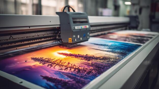 grande formato impresora en acción productor vibrante obra de arte con precisión y tecnológico valor para comercial utilizar foto