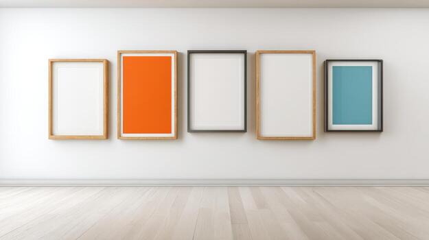 Gallery wall mockup with assorted frames on a white wall with wooden floor background photo
