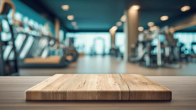 Empty Wood Table Top with Blurred Gym Background Perfect for Product Display or Mockup photo