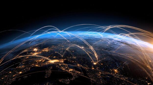 Global Communication Network Satellite View of Earth with Data Connections and Technology Infrastructure photo