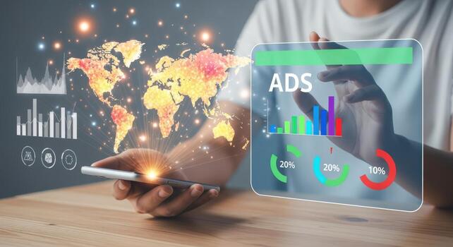 Global Digital Marketing Strategy Visualization Person Holding Smartphone with Data Overlay, Charts, and World Map photo