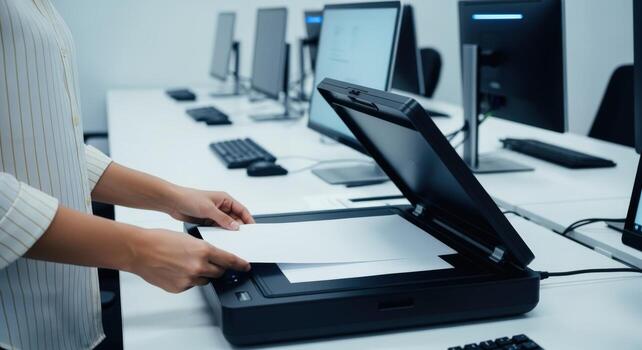 Document Scanning Process in Office Environment Woman Using Scanner with Computers in Background photo