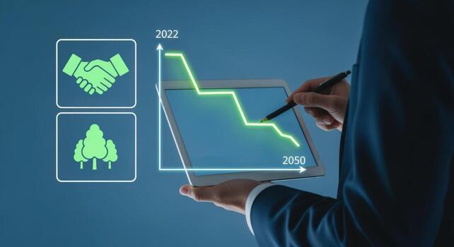 Sustainable Business Growth Forecast Displayed on a Tablet with Goals for 2050 and Ecological Commitment photo
