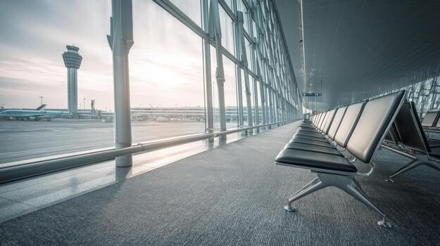 Modern Airport Terminal Interior with Seating and Window View of Air Traffic Control Tower photo