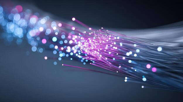 Fiber Optic Data Stream Abstract Technology Background with Pink and Blue Light Particles for High-Speed Connectivity photo