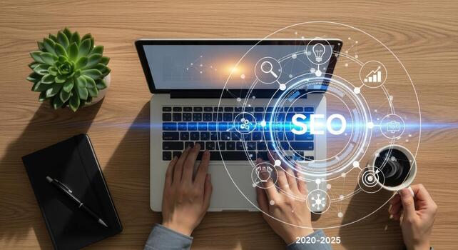 Business Strategy Technology and Data Analysis Concept Person working on laptop with SEO design elements photo