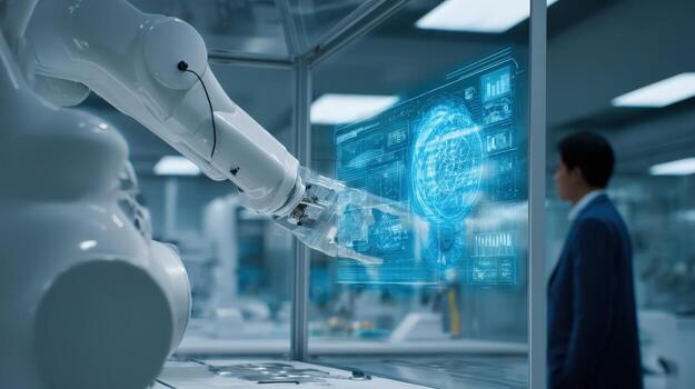 Robotic Arm Interacting with Holographic Interface, Monitored by Engineer, Showcasing Future Technology photo