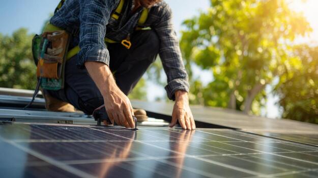 Solar Panel Installation Technician Securing Renewable Energy System on Rooftop for Sustainable Power Generation photo