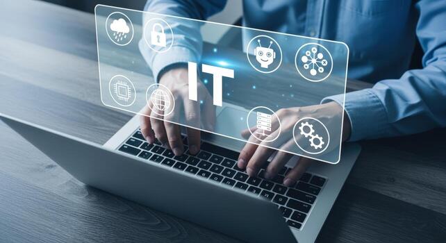 IT Professional Typing on Laptop with Digital Information Technology Overlay, Data Security and Network Concept photo