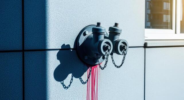 Exterior Fire Hydrant Connection on Building Facade with Chains in Harsh Lighting Conditions photo