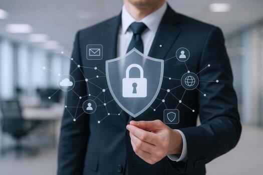 Businessman Displaying Cybersecurity Shield with Padlock Data Protection, Privacy and Network Security Concept photo