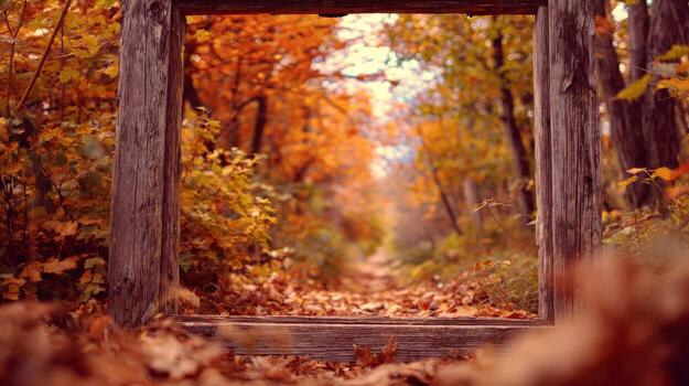 Autumnal Forest Path Through Wooden Frame Serene Fall Landscape and Tranquil Nature Scene photo