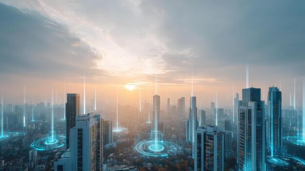 Futuristic Cityscape with Digital Network Overlay, High-Tech Urban Environment, Conceptual Innovation, Modern Architecture, and Global Connectivity photo