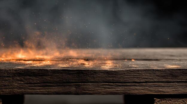 Smoldering Wood Surface with Smoke, Fire Sparks Background Texture for Product Mockups and Presentations photo